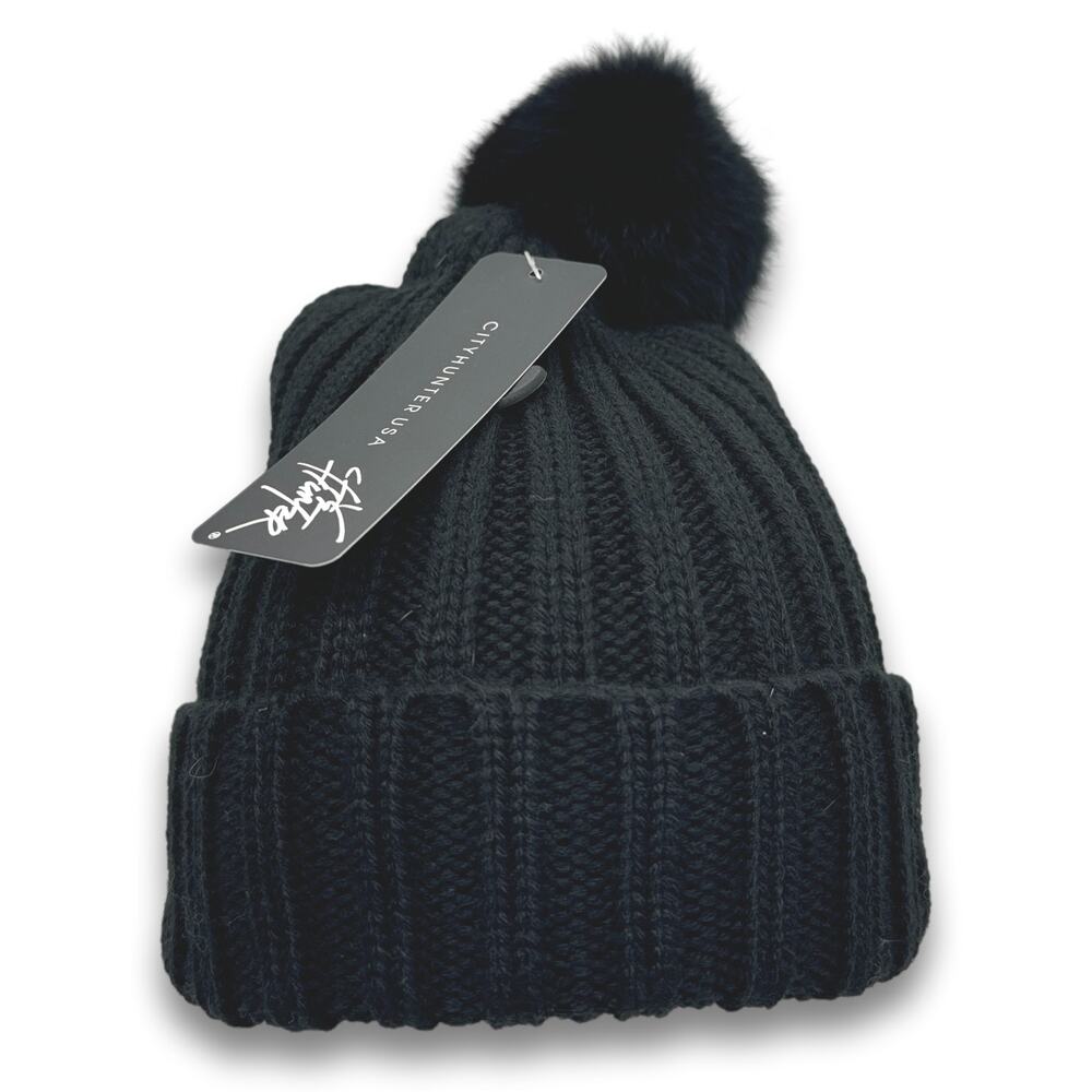 Knit Cable POM Beanie Thick Warm Soft Long Cuffed Ski Cap Winter Snowboard Hat